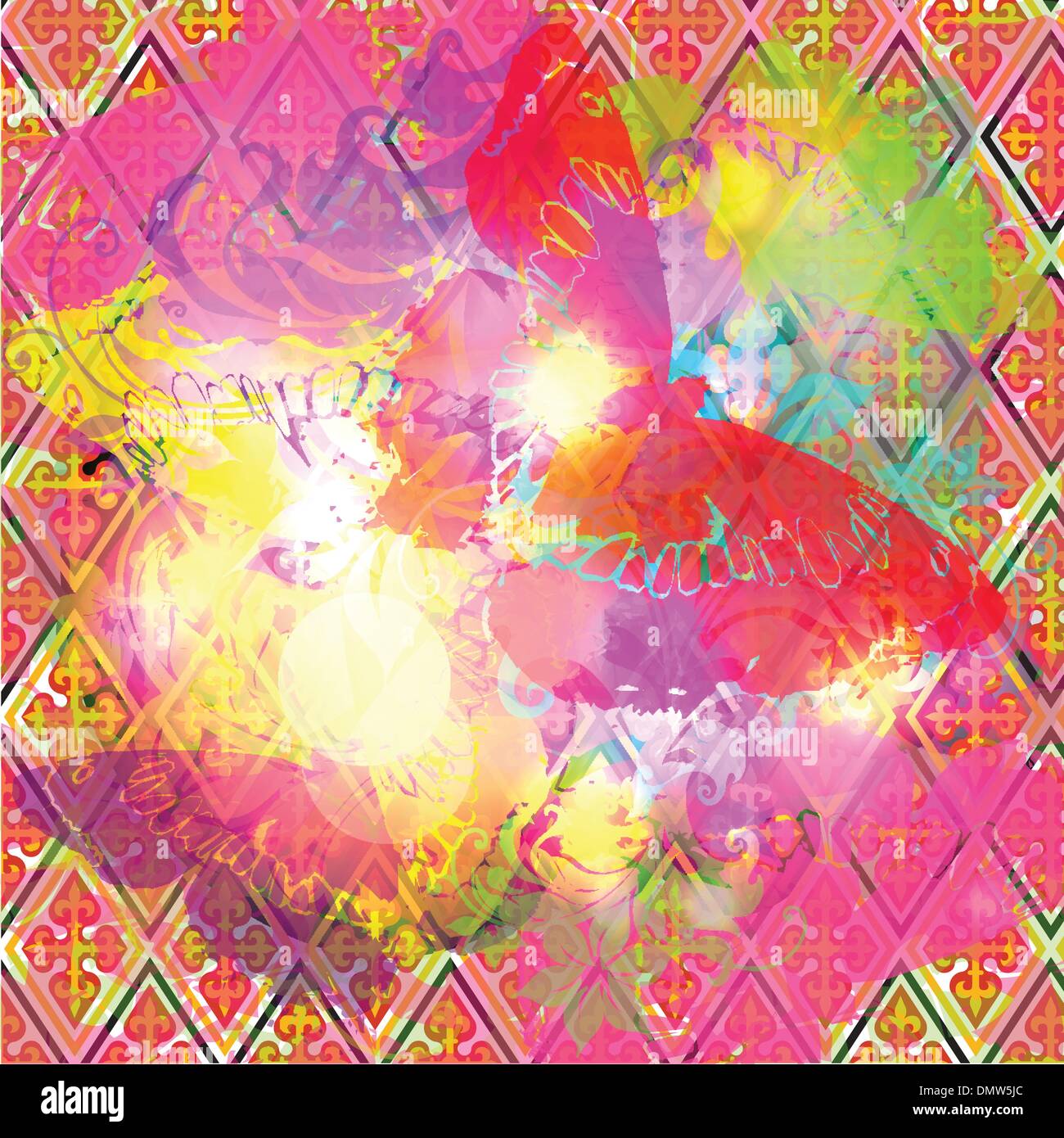 Farfalle colorate su grunge sfondo decorativo Illustrazione Vettoriale
