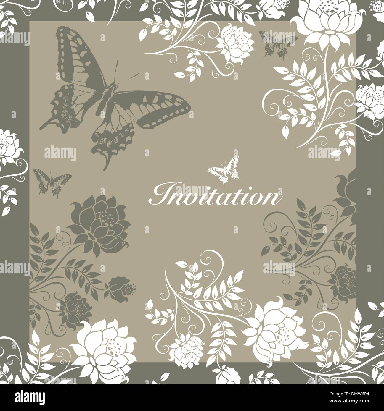 Cartolina di invito con farfalle e fiori Illustrazione Vettoriale