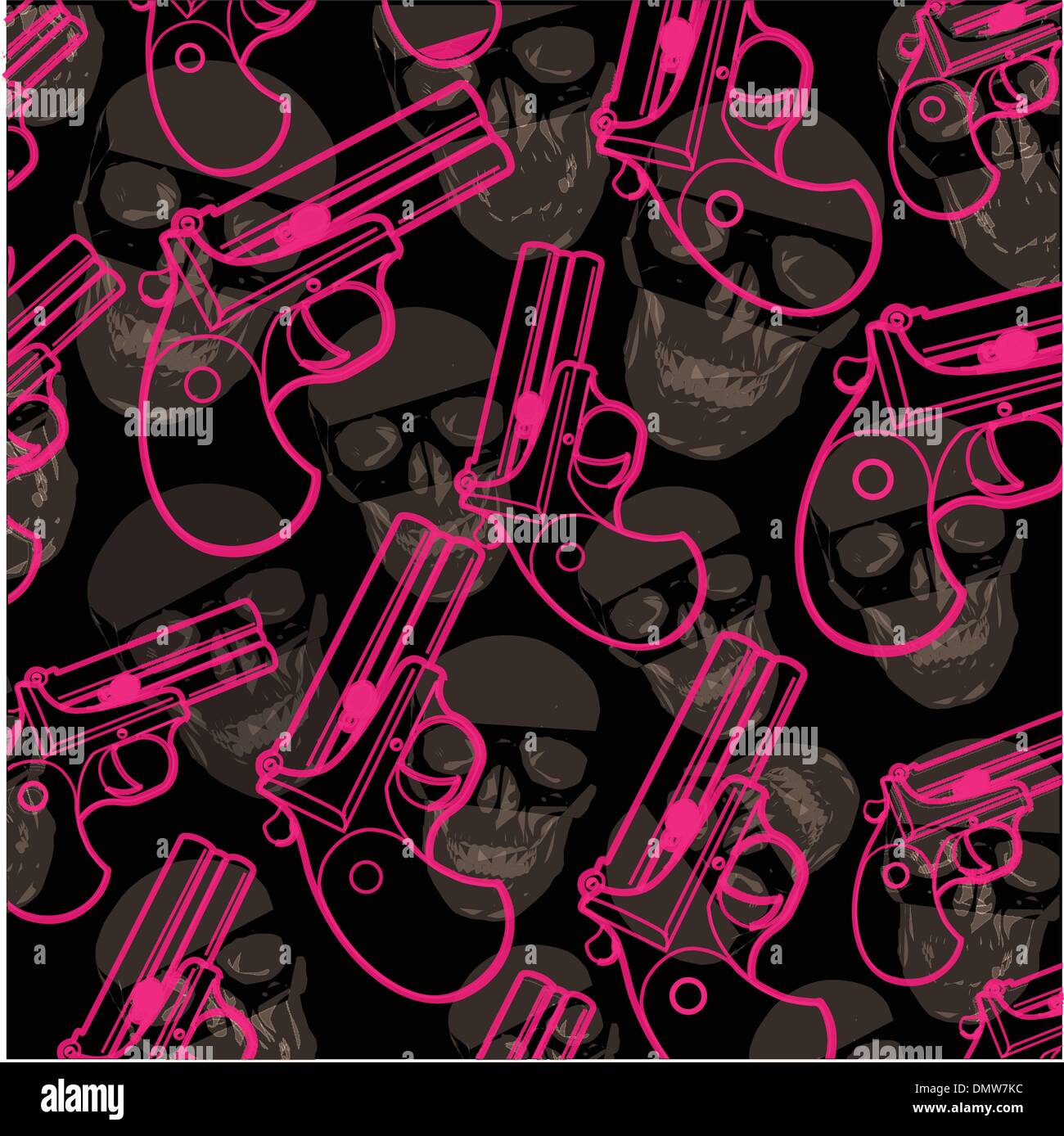 Pistole e teschi su sfondo nero Illustrazione Vettoriale