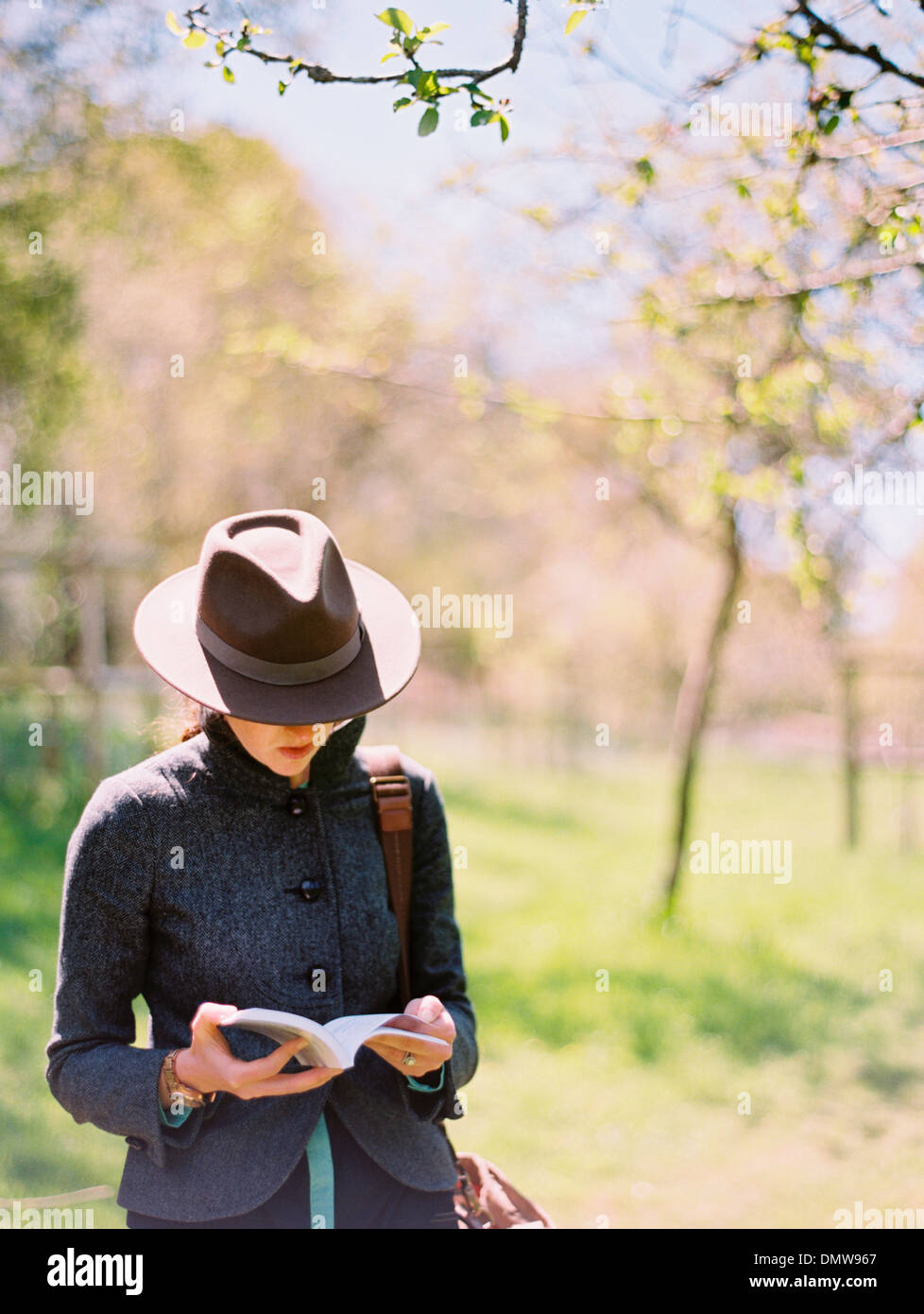 Una donna in un cappello la lettura di un libro. Foto Stock