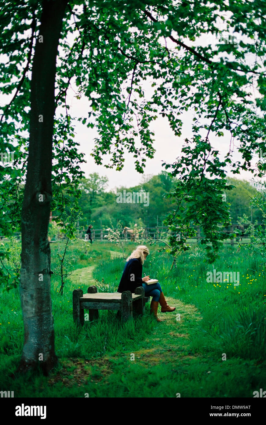 Alberi e erba lunga. Un percorso falciata. Una donna seduta su un sedile in legno. Foto Stock