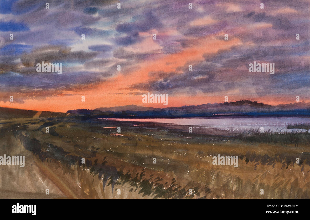 Tramonto sul livello a Pett laghi East Sussex Regno Unito la pittura ad acquerello Foto Stock