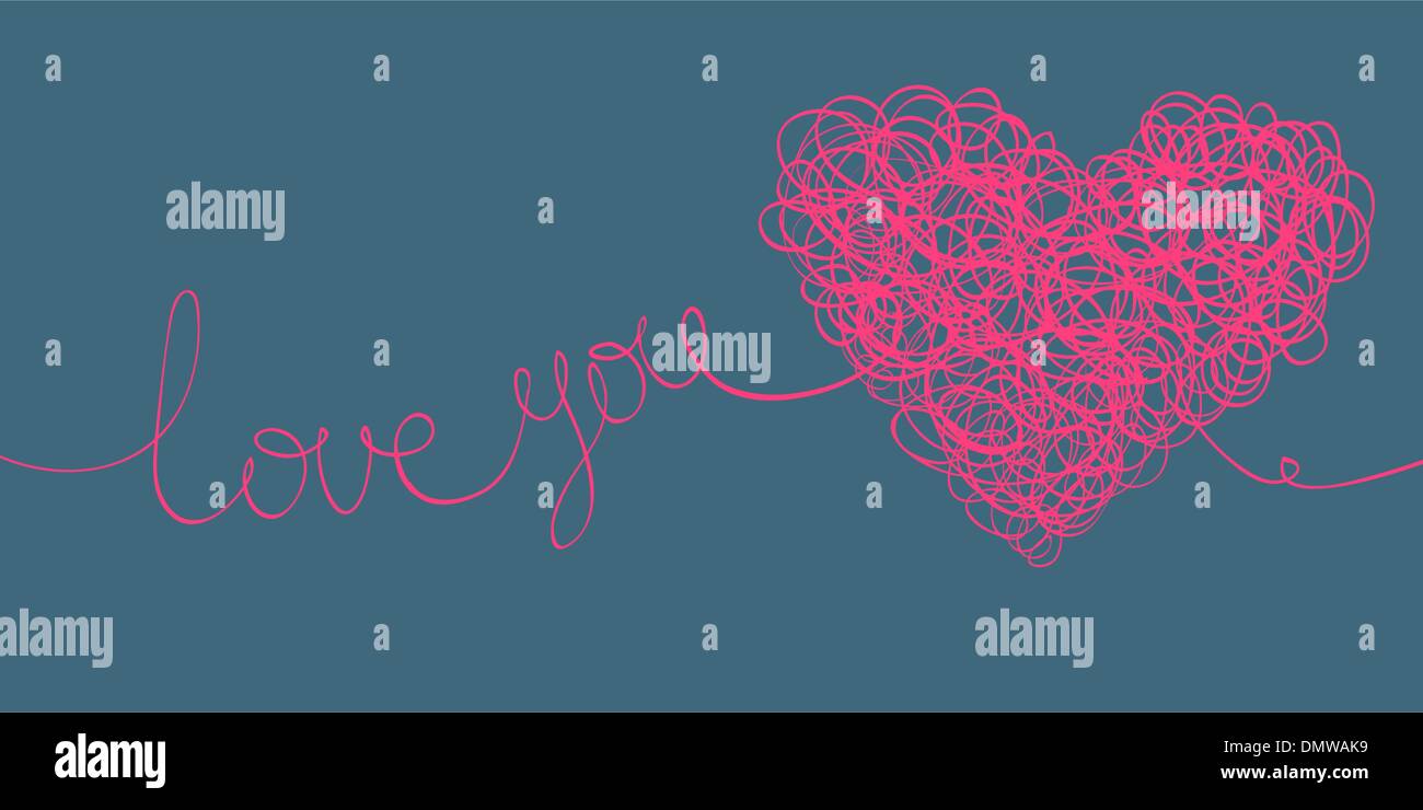 Ti amo parole e a forma di cuore gli scarabocchi di linea sulla lettera forma Illustrazione Vettoriale