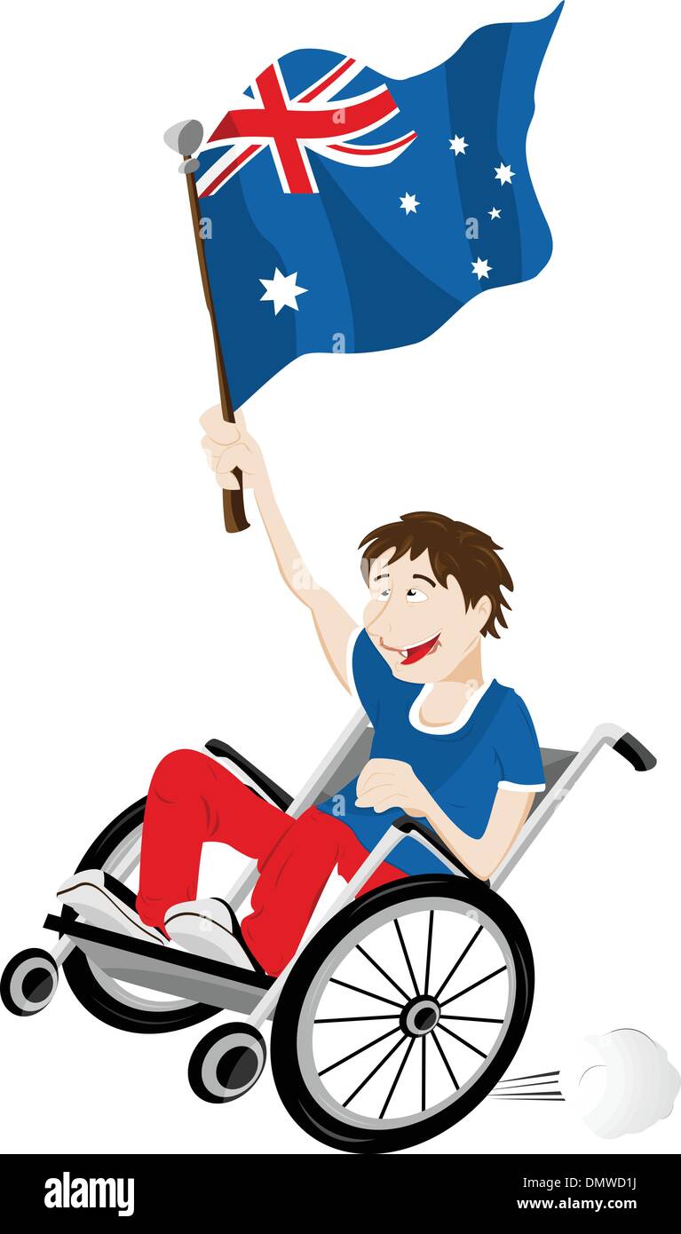 Australia Sport sostenitore della ventola sulla sedia a rotelle con bandiera Illustrazione Vettoriale