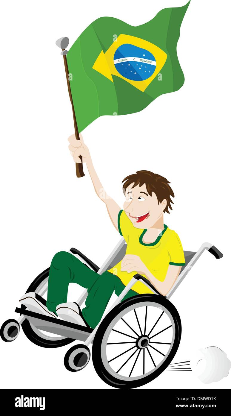Brasile Sport sostenitore della ventola sulla sedia a rotelle con bandiera Illustrazione Vettoriale