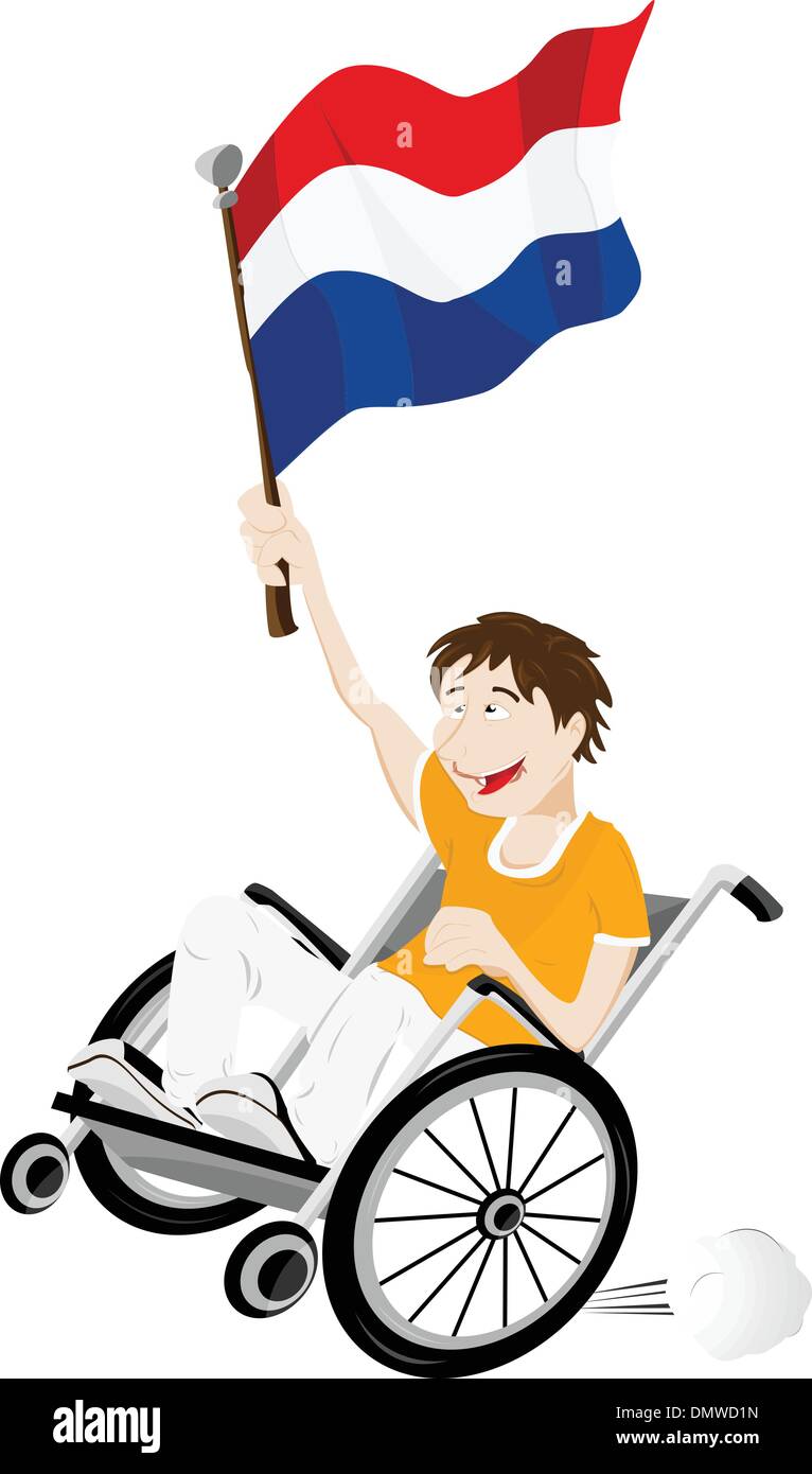 Sport olandese sostenitore della ventola sulla sedia a rotelle con bandiera Illustrazione Vettoriale