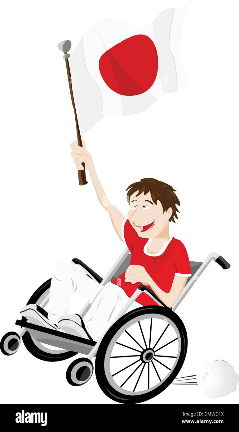 Giappone Sport sostenitore della ventola sulla sedia a rotelle con bandiera Illustrazione Vettoriale