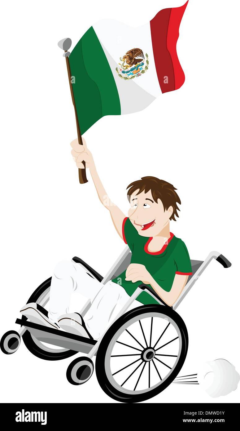 Messico Sport sostenitore della ventola sulla sedia a rotelle con bandiera Illustrazione Vettoriale
