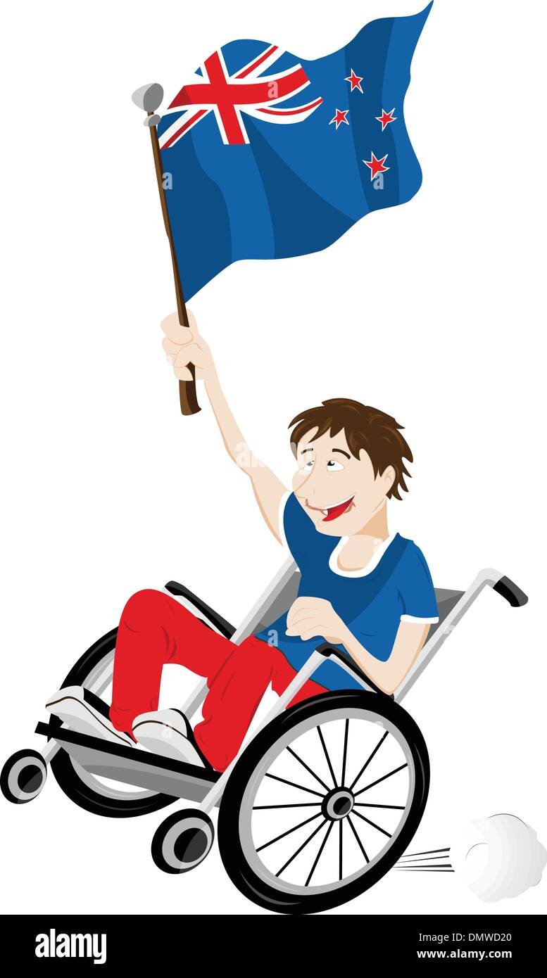 Nuova Zelanda Sport sostenitore della ventola sulla sedia a rotelle con bandiera Illustrazione Vettoriale