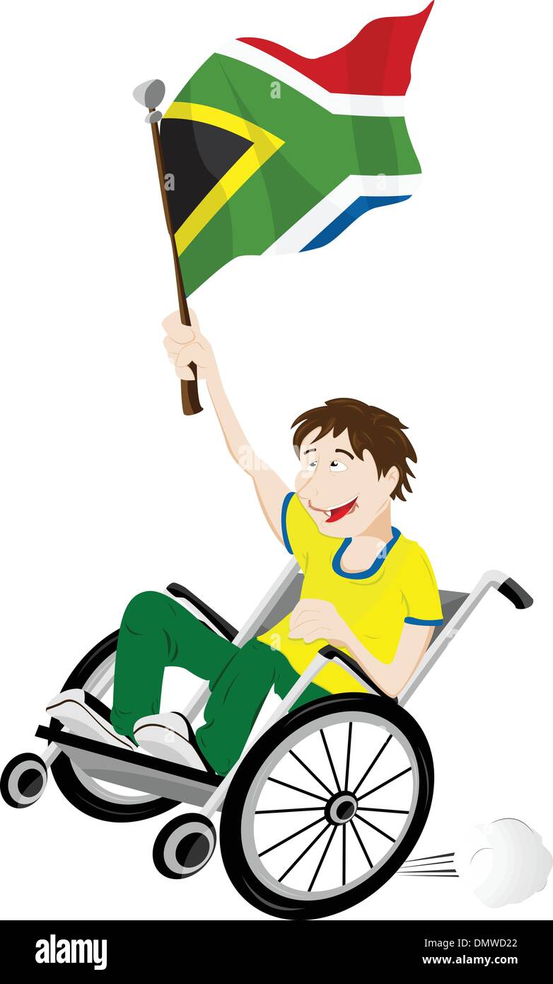 Sud Africa Sport sostenitore della ventola sulla sedia a rotelle con bandiera Illustrazione Vettoriale