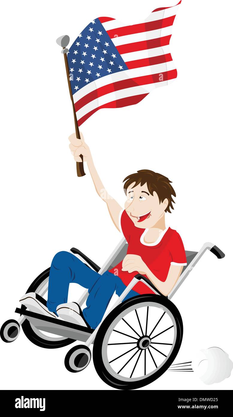 Stati Uniti d'America Sport sostenitore della ventola sulla sedia a rotelle con bandiera Illustrazione Vettoriale