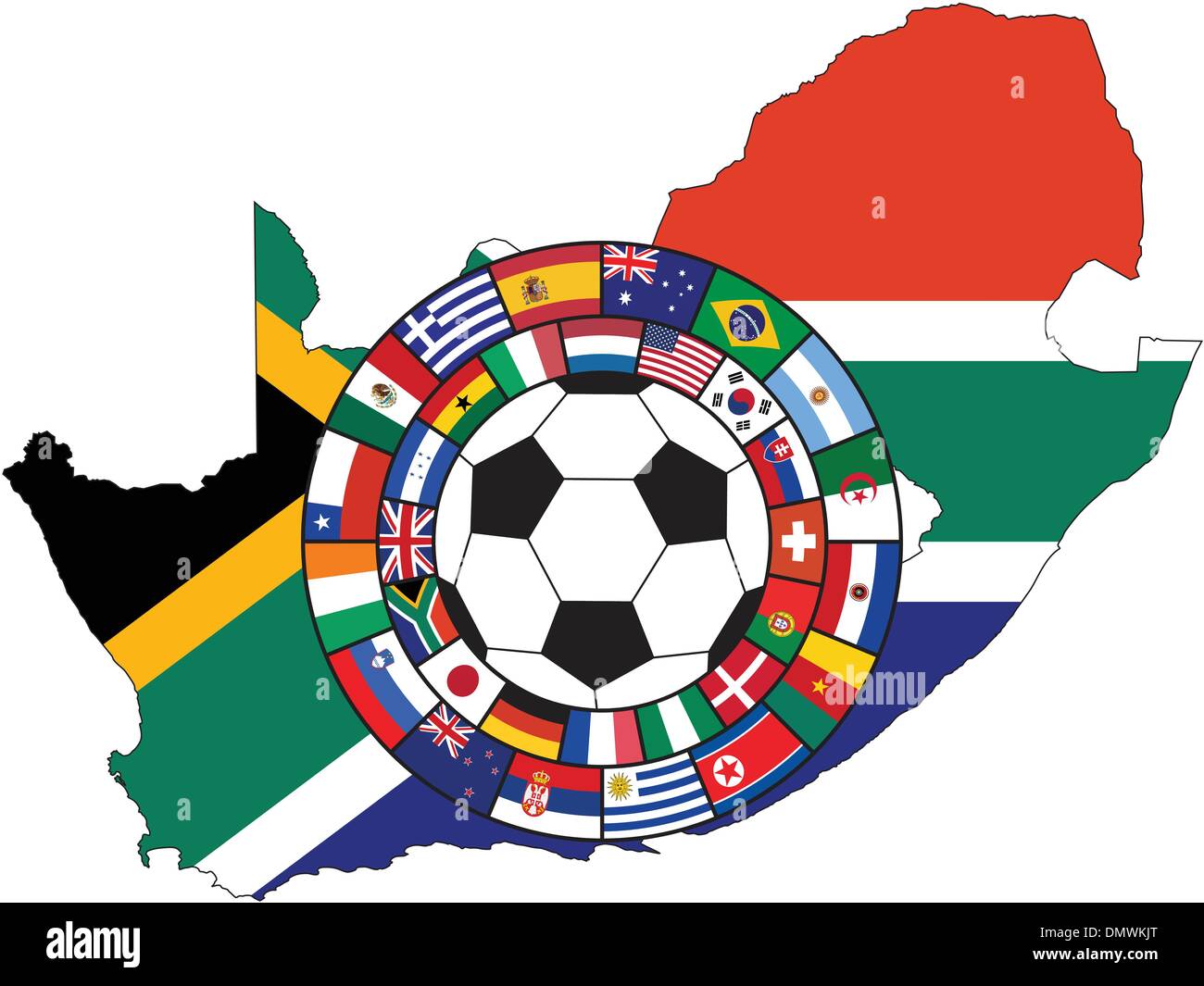 Vettore di pallone da calcio con la bandiera del Sud Africa Illustrazione Vettoriale