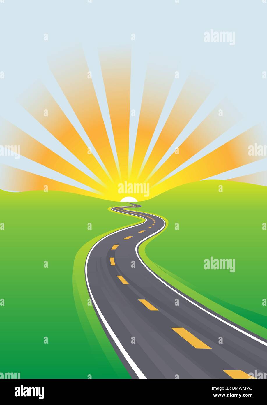 Autostrada travel cielo luminoso futuro di mattina Illustrazione Vettoriale