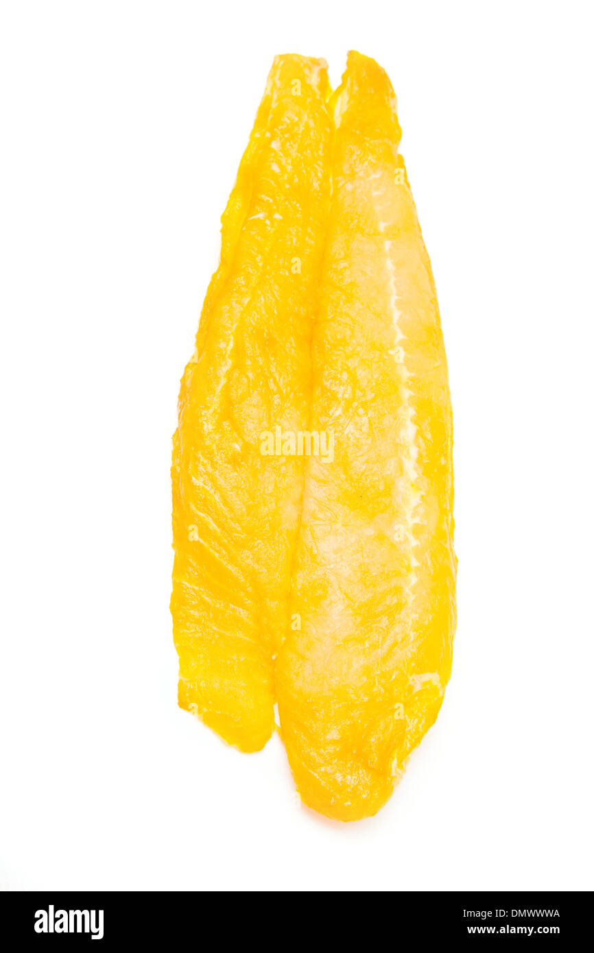 Affumicato fiume vietnamita Cobbler filetto di pesce isolato su un bianco di sfondo per studio. Noto anche come Pangus Basa o pesce. Foto Stock