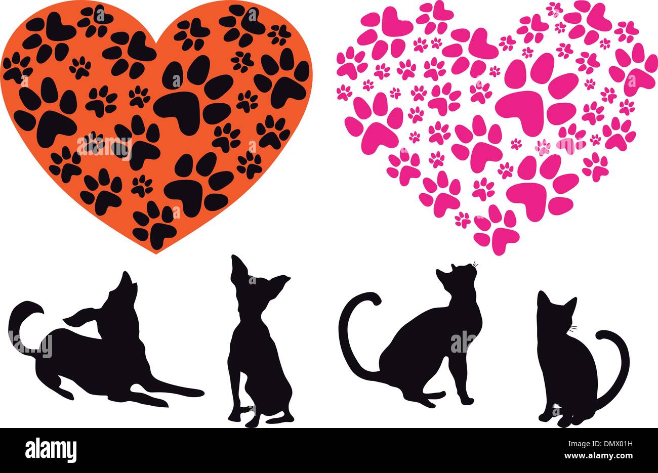 Cuore rosso con animali modello foodprint, vettore Illustrazione Vettoriale