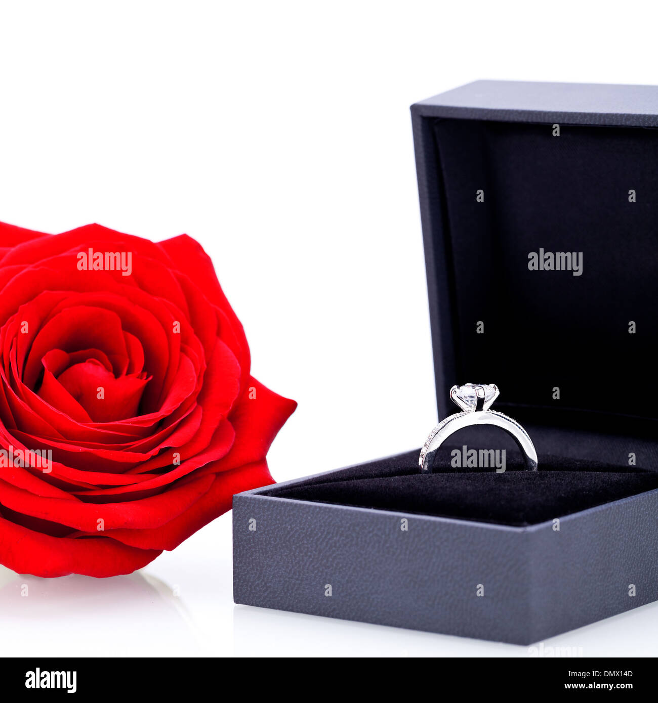 Anello di fidanzamento o regalo di San Valentino per una fidanzata con un mazzo di rose rosse indicano amore immortale su sfondo bianco Foto Stock