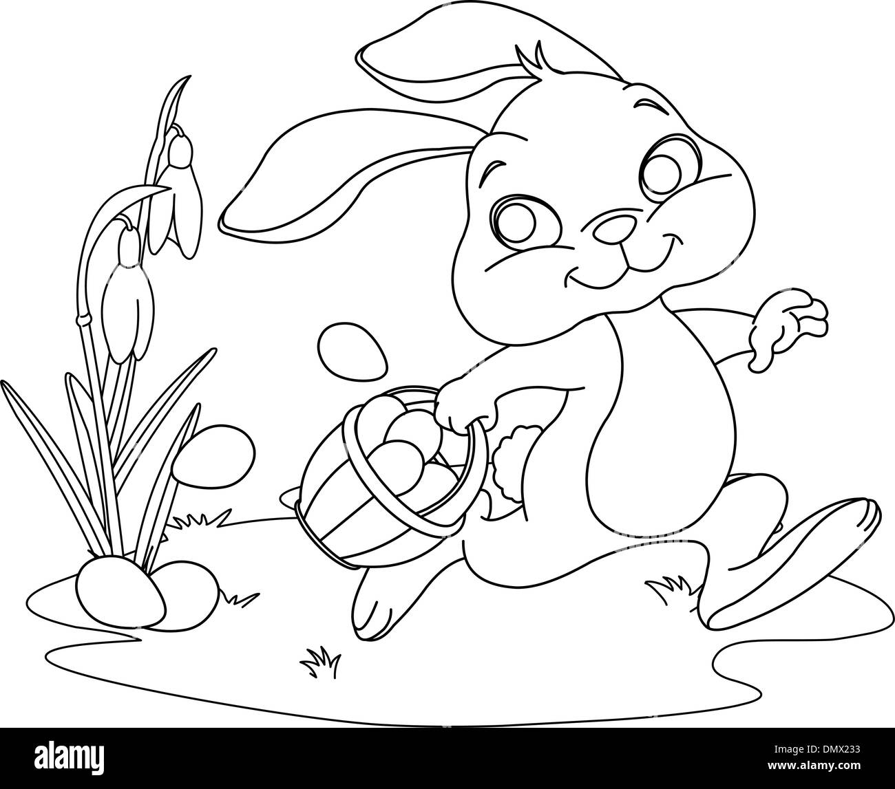 Coniglietto pasquale per nascondere le uova. Pagina di colorazione Illustrazione Vettoriale