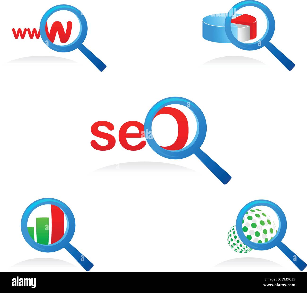 Set di lente di ingrandimento di icone in vetro e loghi Illustrazione Vettoriale