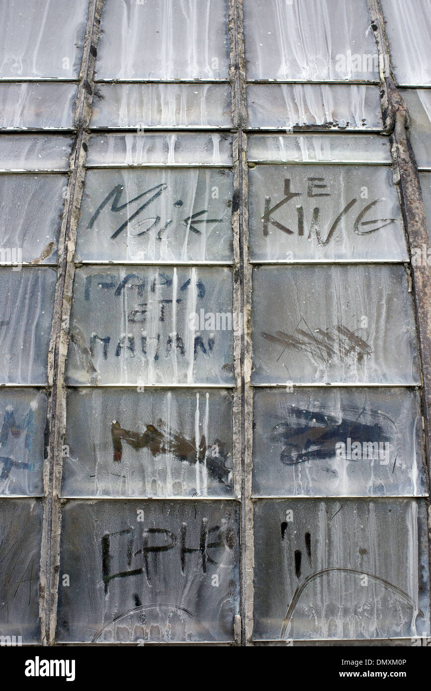 Le impronte delle dita e disegni sul vetro di una serra in giardini di castello Villandry sur Indre, Tours, Loire Foto Stock