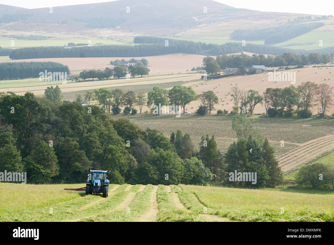 Royal Deeside nella campagna scozzese con l'agricoltura e un trattore Foto Stock