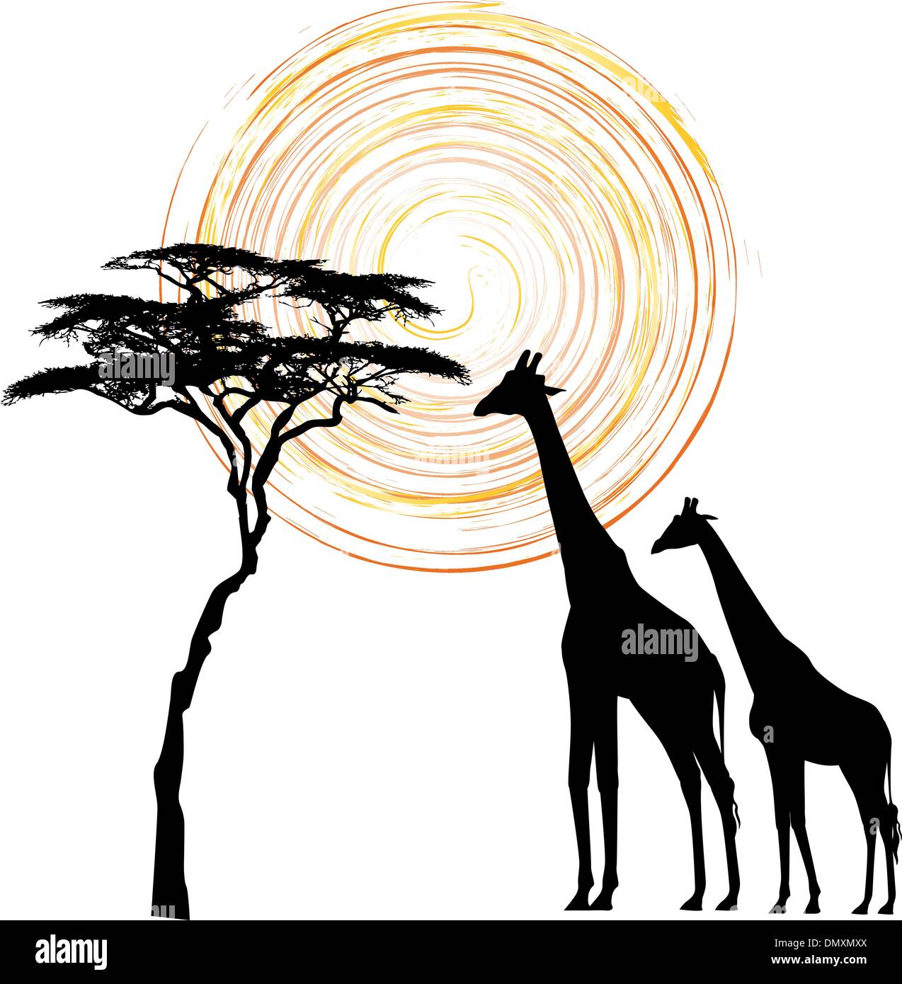 Paesaggio africano della flora e della fauna nel tempo al tramonto con le giraffe. Illustrazione Vettoriale