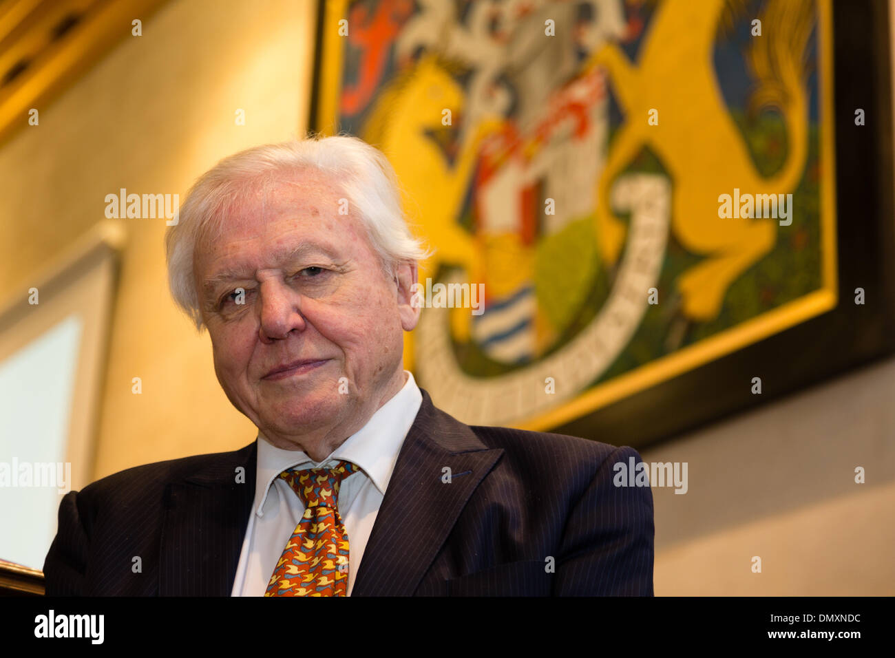 Bristol, Regno Unito. Xvii Dec, 2013. Sir David Attenborough è aggiudicato la libertà della città di Bristol. Nella foto: Sir David Attenborough nella camera del consiglio di Bristol è il Municipio Credito: Rob Hawkins/Alamy Live News Foto Stock