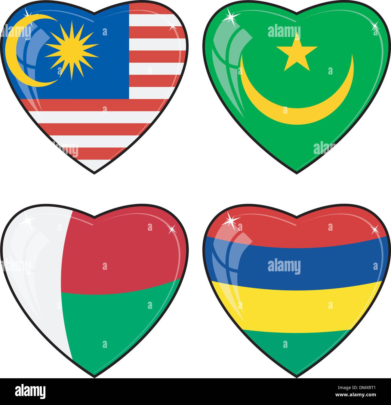 Set di immagini vettoriali di cuori con le bandiere della Malaysia, Mauri Illustrazione Vettoriale
