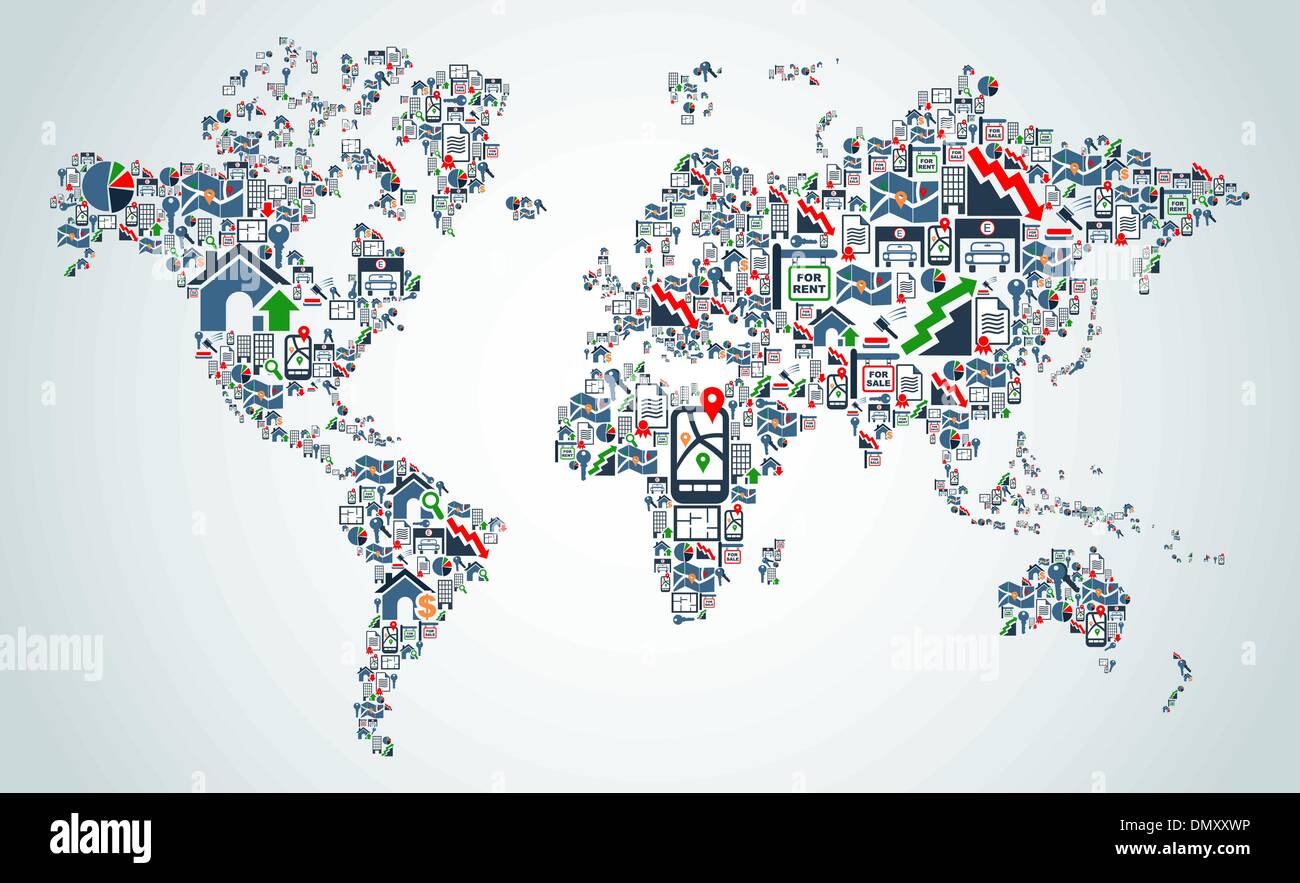 Servizio proprietà icone mappa del mondo Illustrazione Vettoriale