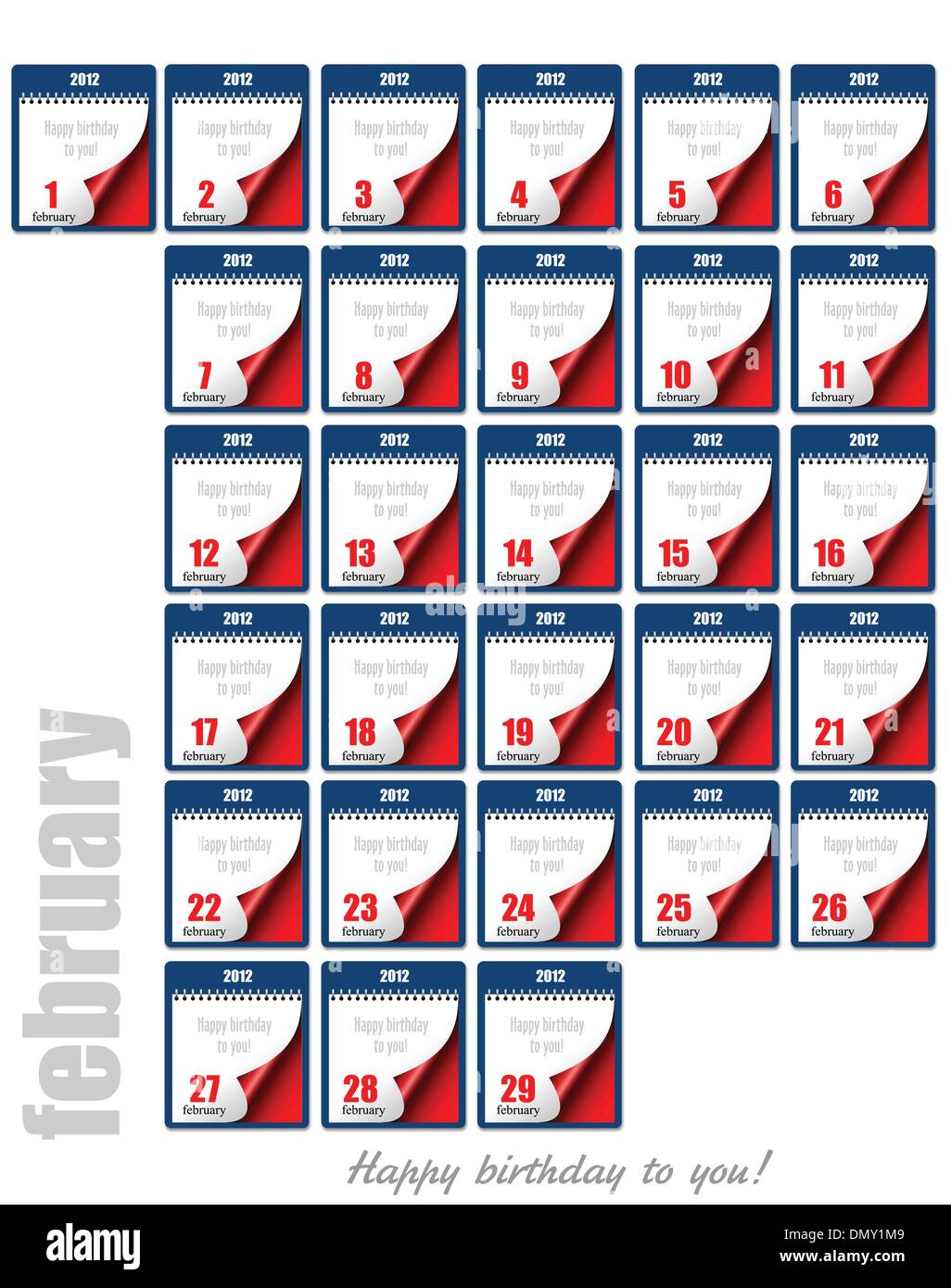 Strappare il calendario 2012. Ogni giorno del mese di febbraio. Buon compleanno Illustrazione Vettoriale