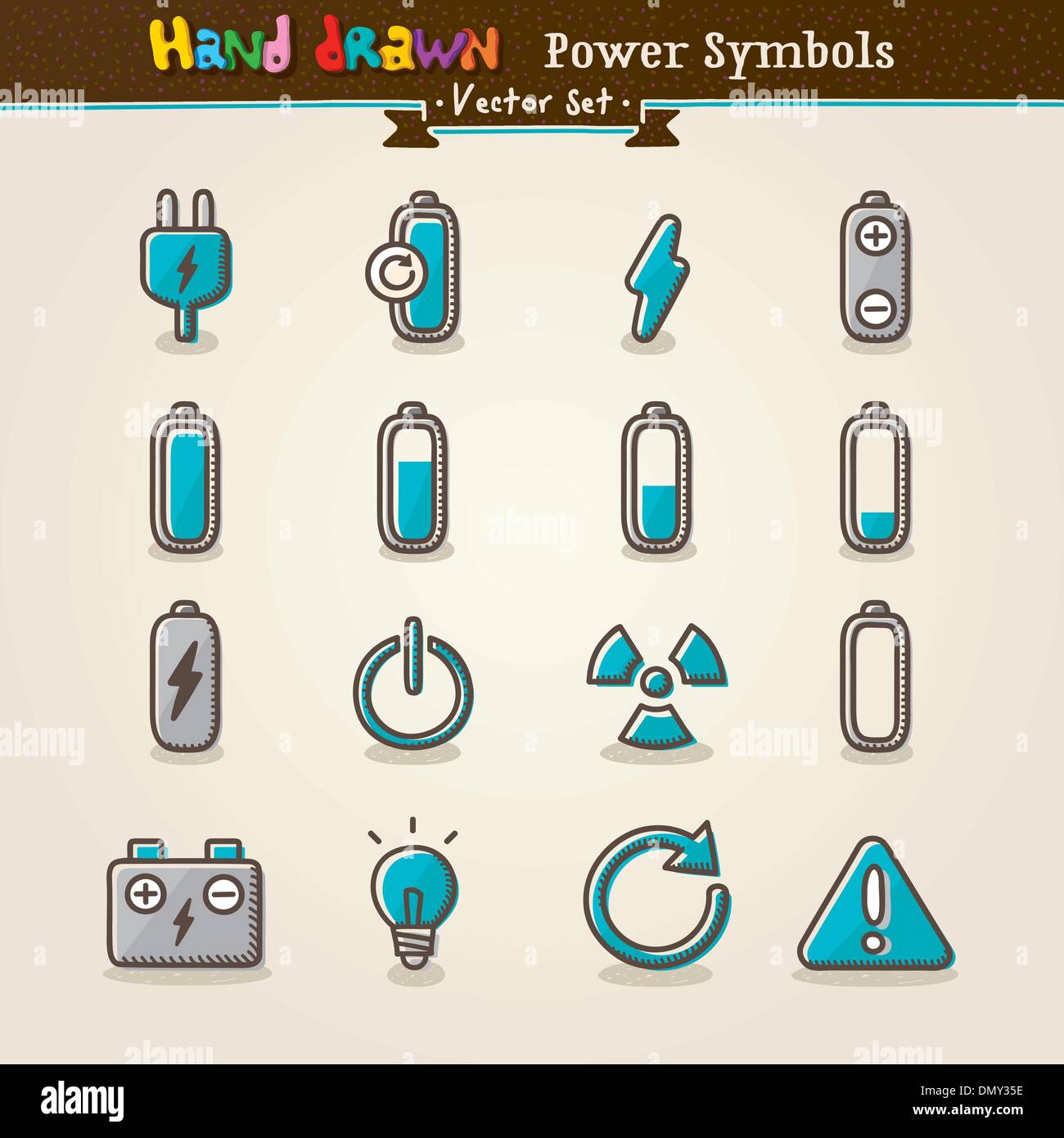Vettore di disegnare a mano i simboli di potenza icona impostare Illustrazione Vettoriale