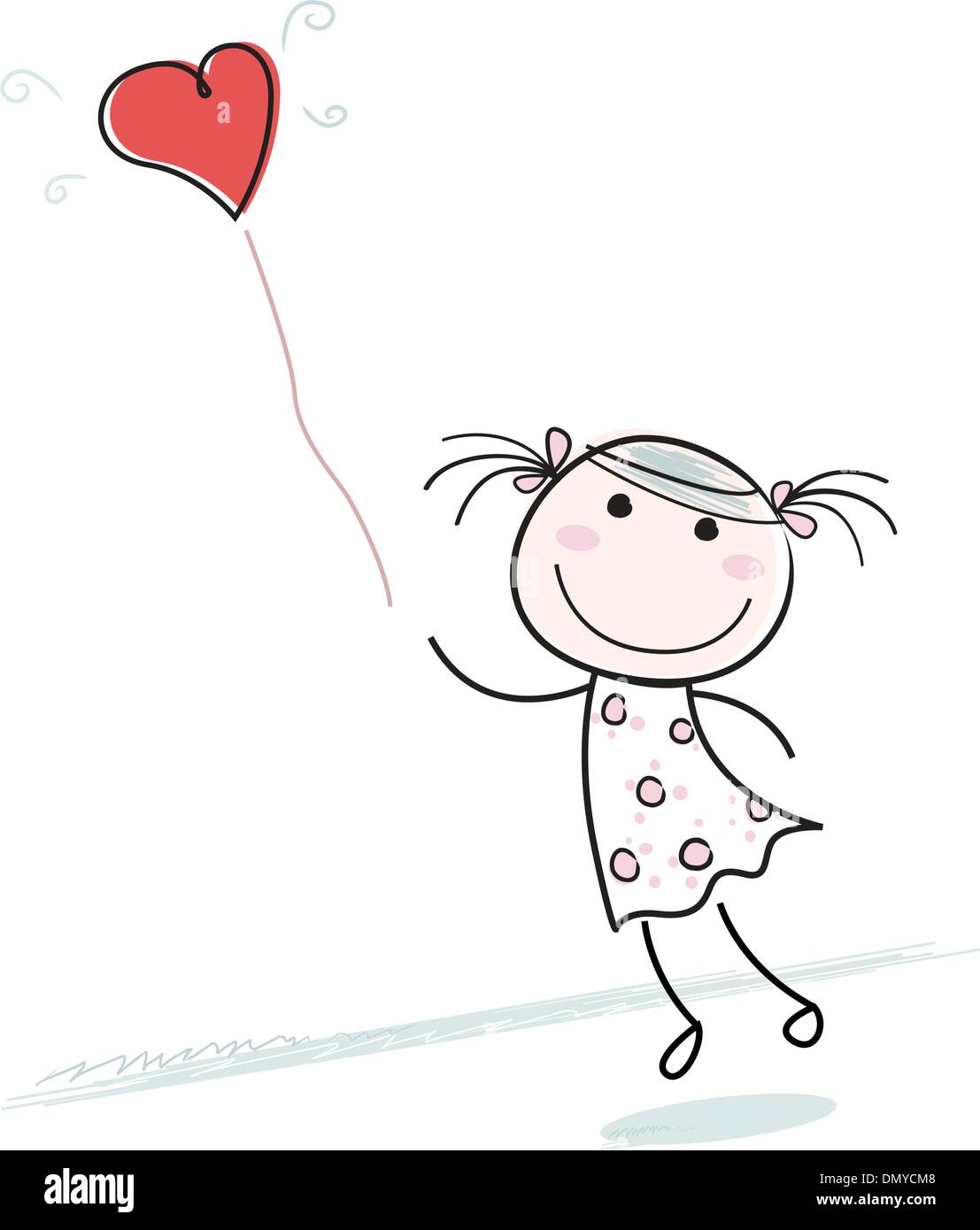 Piccola ragazza con cuore palloncino a forma di Illustrazione Vettoriale