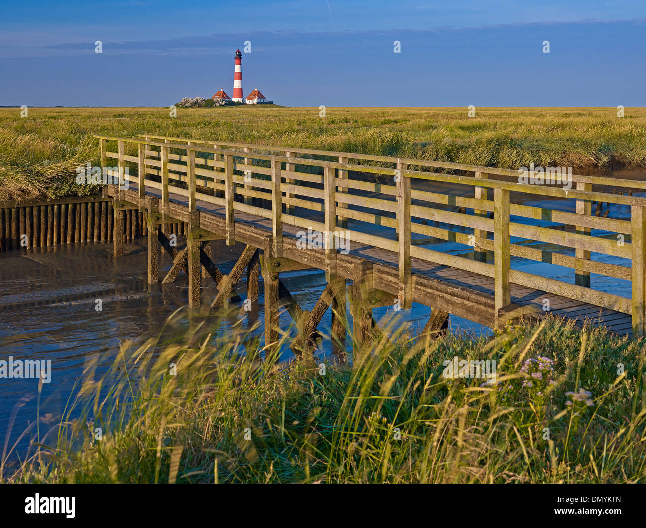 Faro Westerheversand, penisola di Eiderstedt, Frisia settentrionale, Schleswig-Holstein, Germania Foto Stock