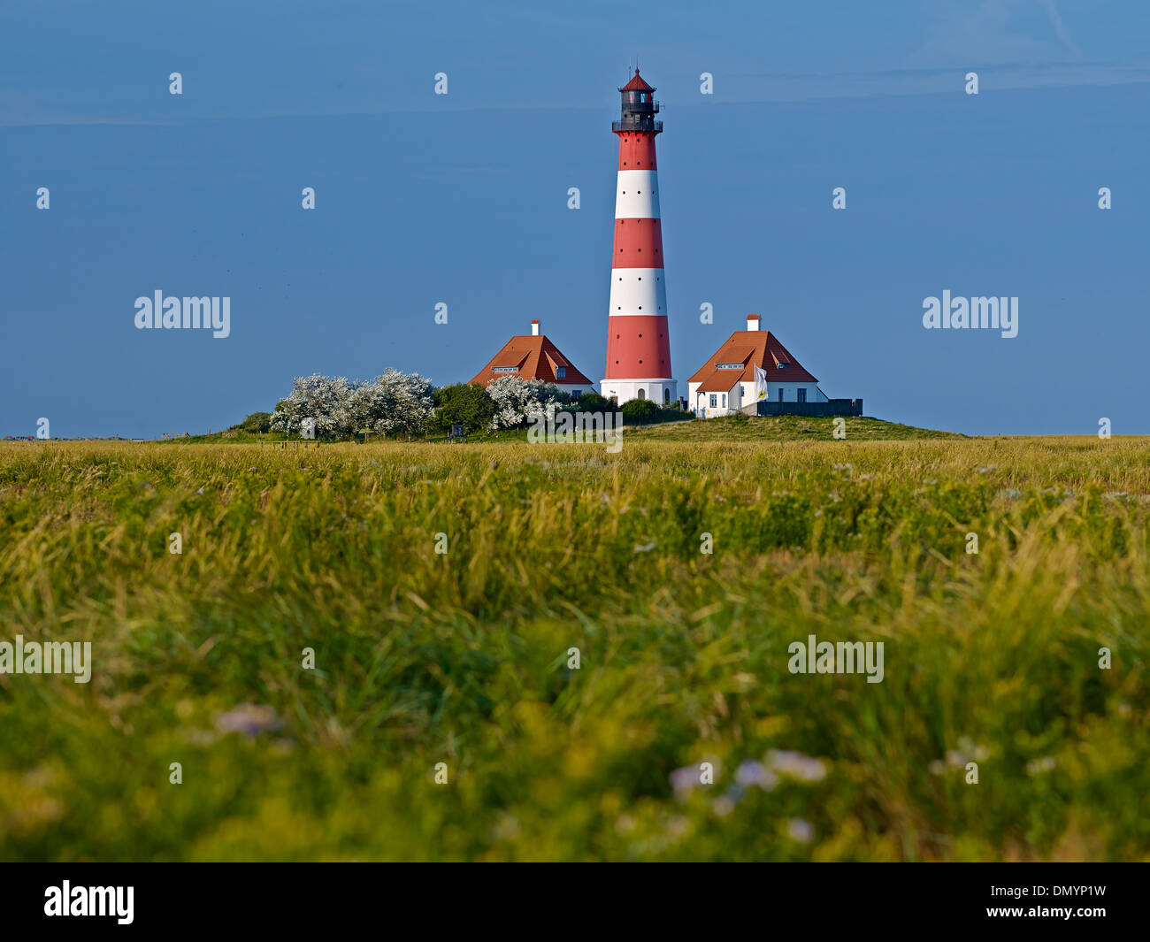 Faro Westerheversand, penisola di Eiderstedt, Frisia settentrionale, Schleswig-Holstein, Germania Foto Stock