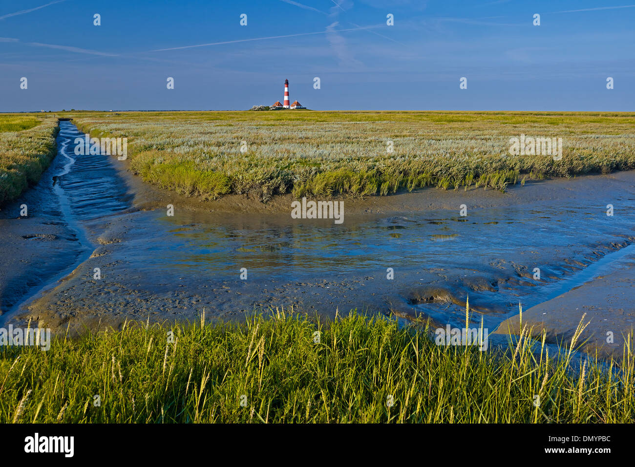 Faro Westerheversand, penisola di Eiderstedt, Frisia settentrionale, Schleswig-Holstein, Germania Foto Stock
