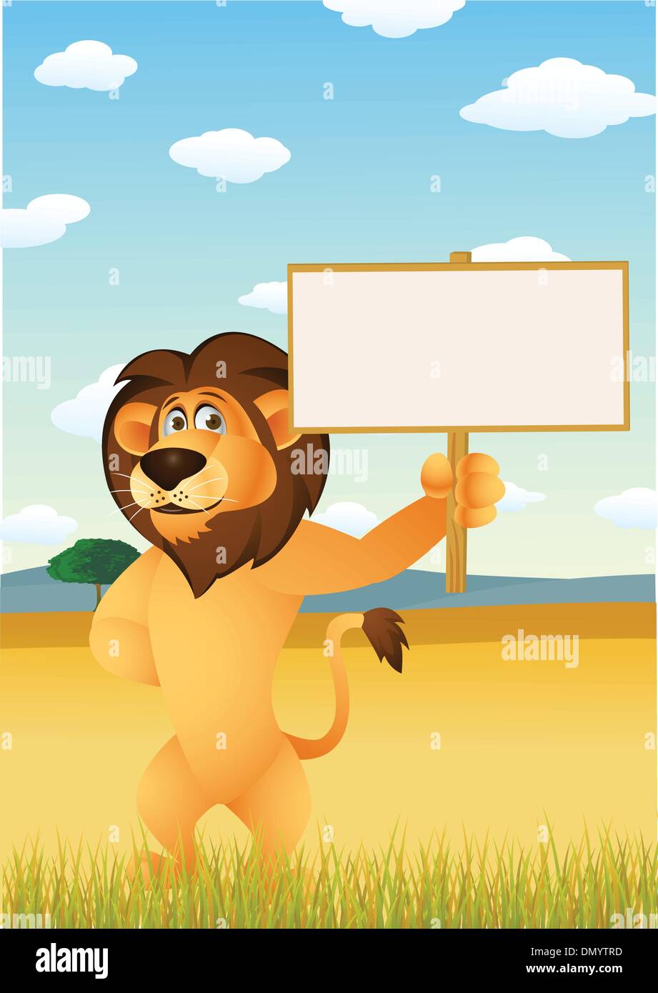 Lion divertente cartone animato con segno vuoto Illustrazione Vettoriale