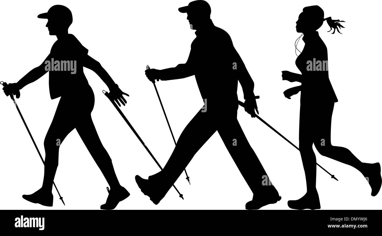 Donna e uomo sono la pratica del Nordic walking. Jogging Illustrazione Vettoriale