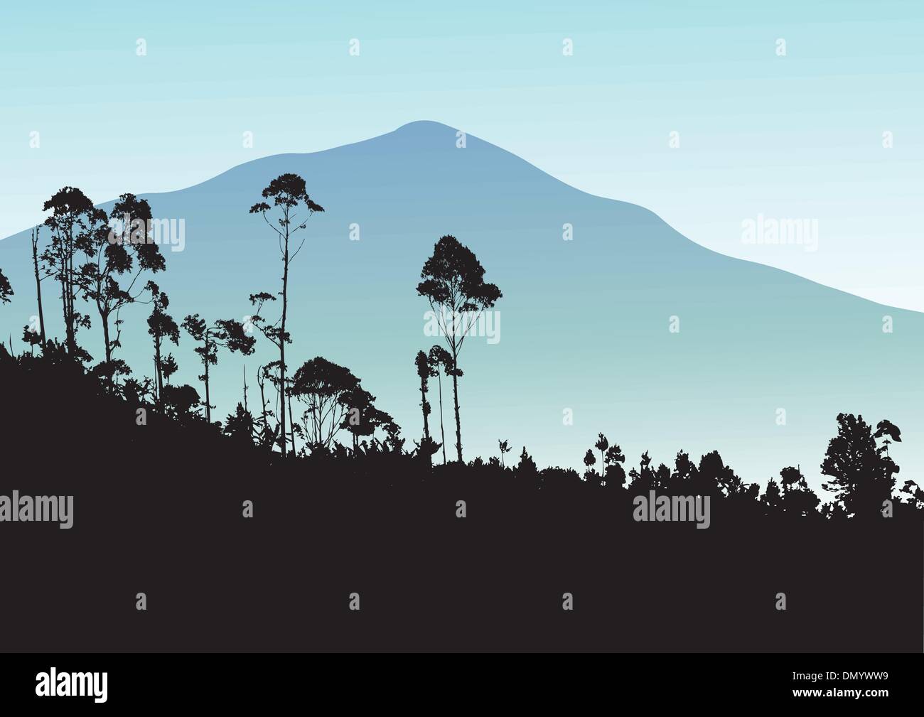 Albero tropicale con sfondo di montagna Illustrazione Vettoriale