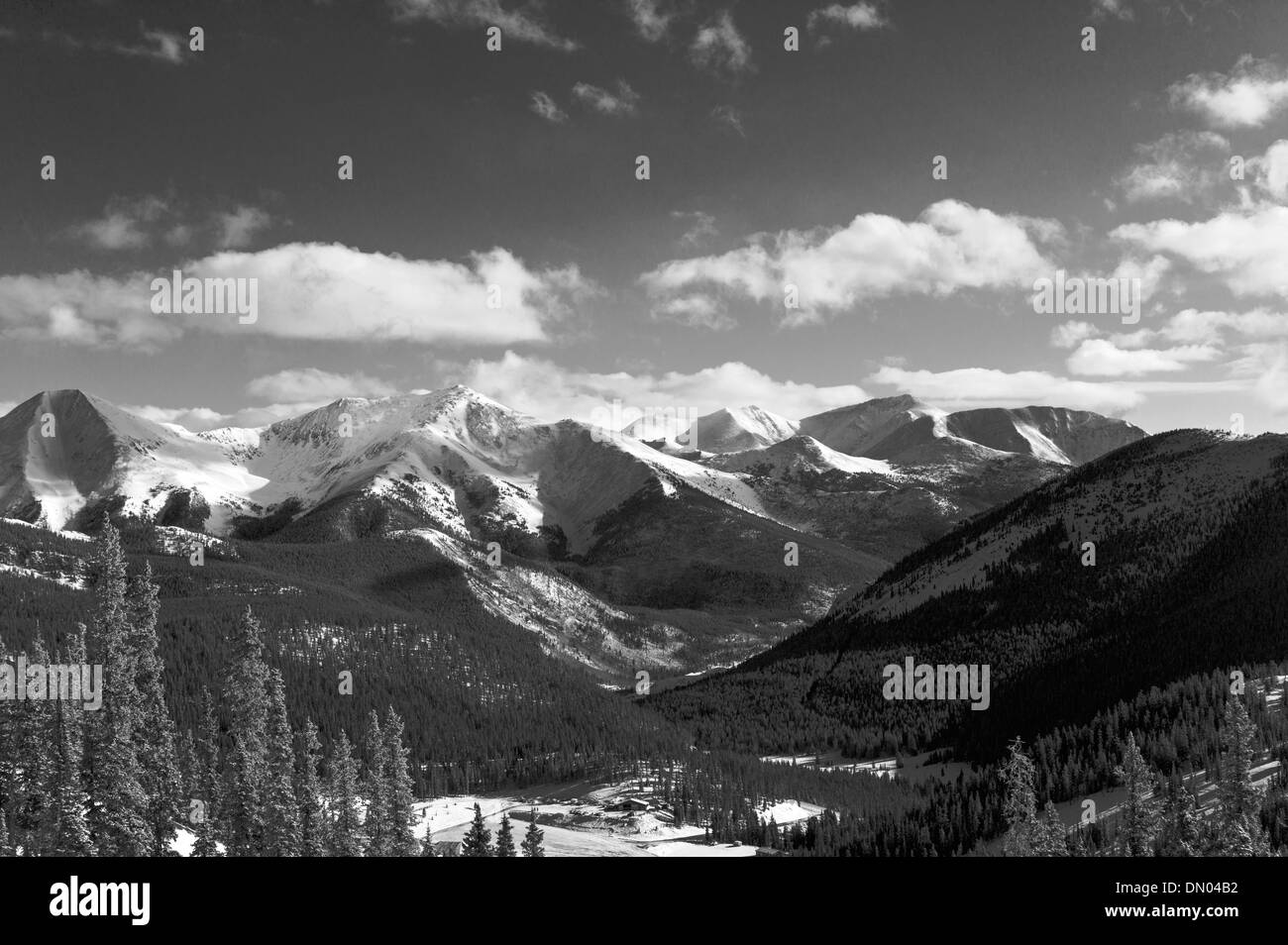 Bianco e nero vista invernale della gamma Sawatch dalla cima della montagna di Monarch, Colorado, STATI UNITI D'AMERICA Foto Stock