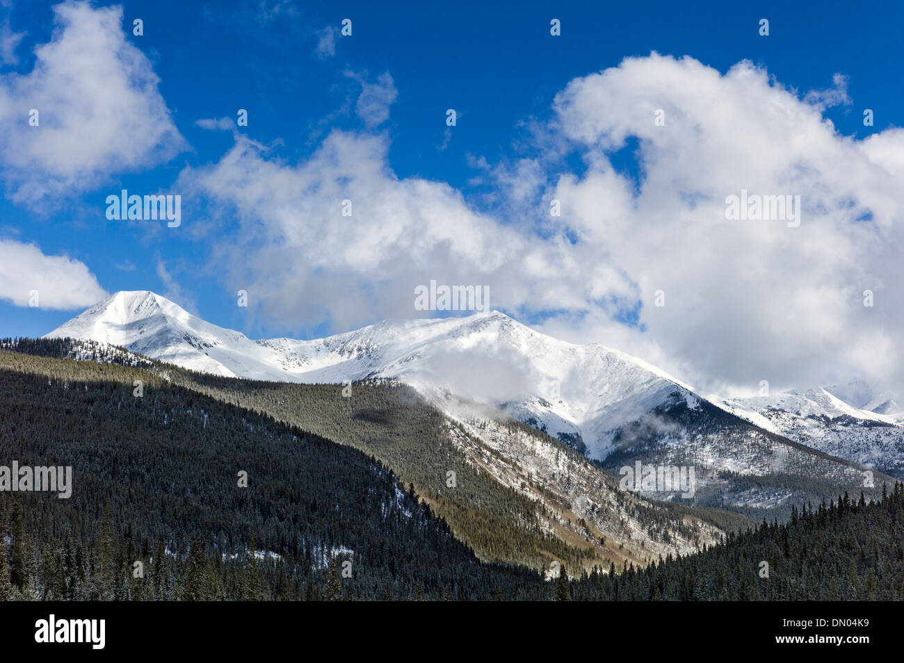 Vista invernale della gamma Sawatch dalla cima della montagna di Monarch, Colorado, STATI UNITI D'AMERICA Foto Stock