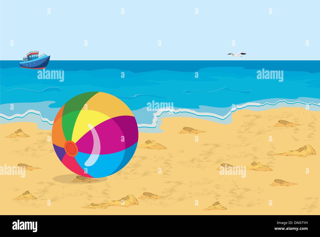 Grande sfera colorata sulla spiaggia seagull e nave Illustrazione Vettoriale