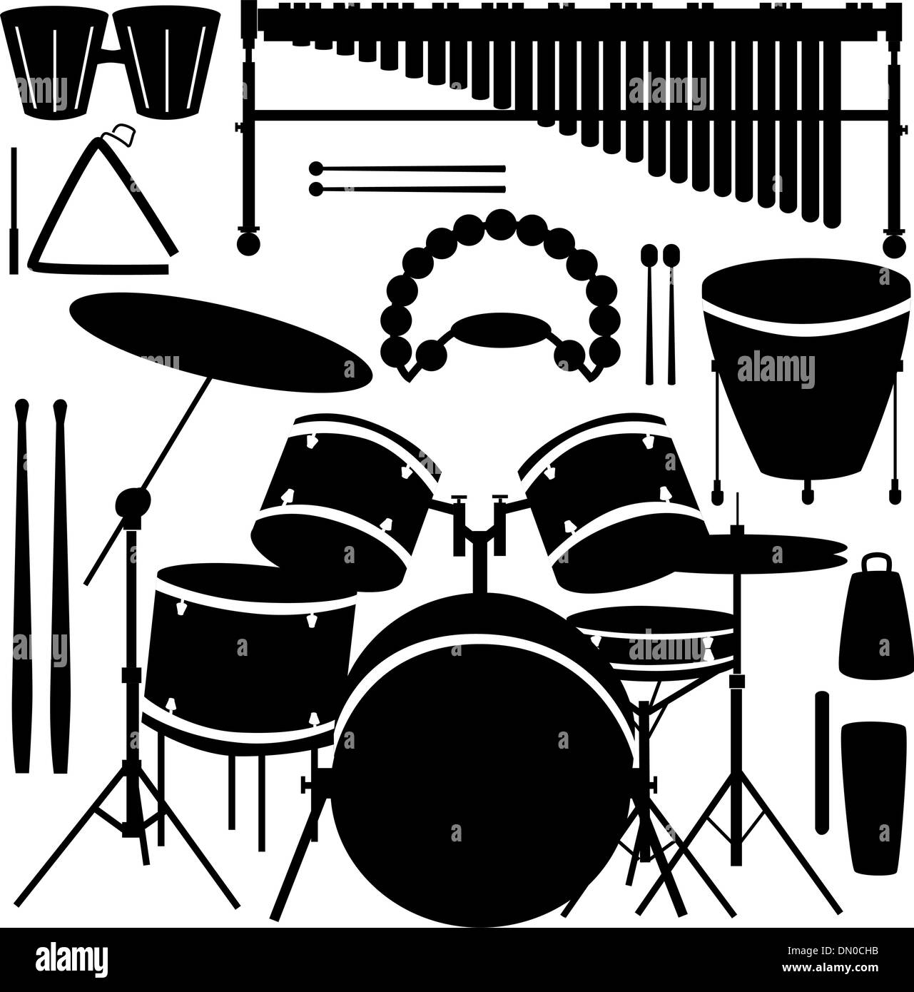 Strumenti a percussione vettore set silhouette Illustrazione Vettoriale