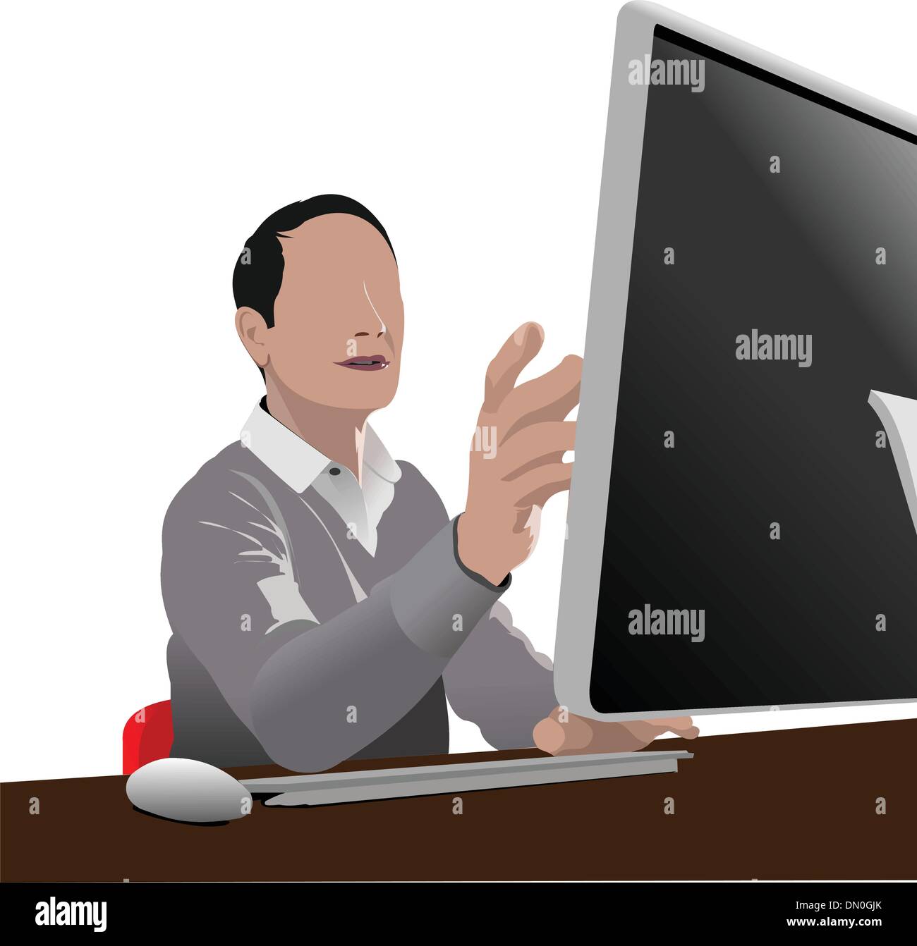 Bel uomo seduto nella parte anteriore del computer. Illustrazione Vettoriale Illustrazione Vettoriale