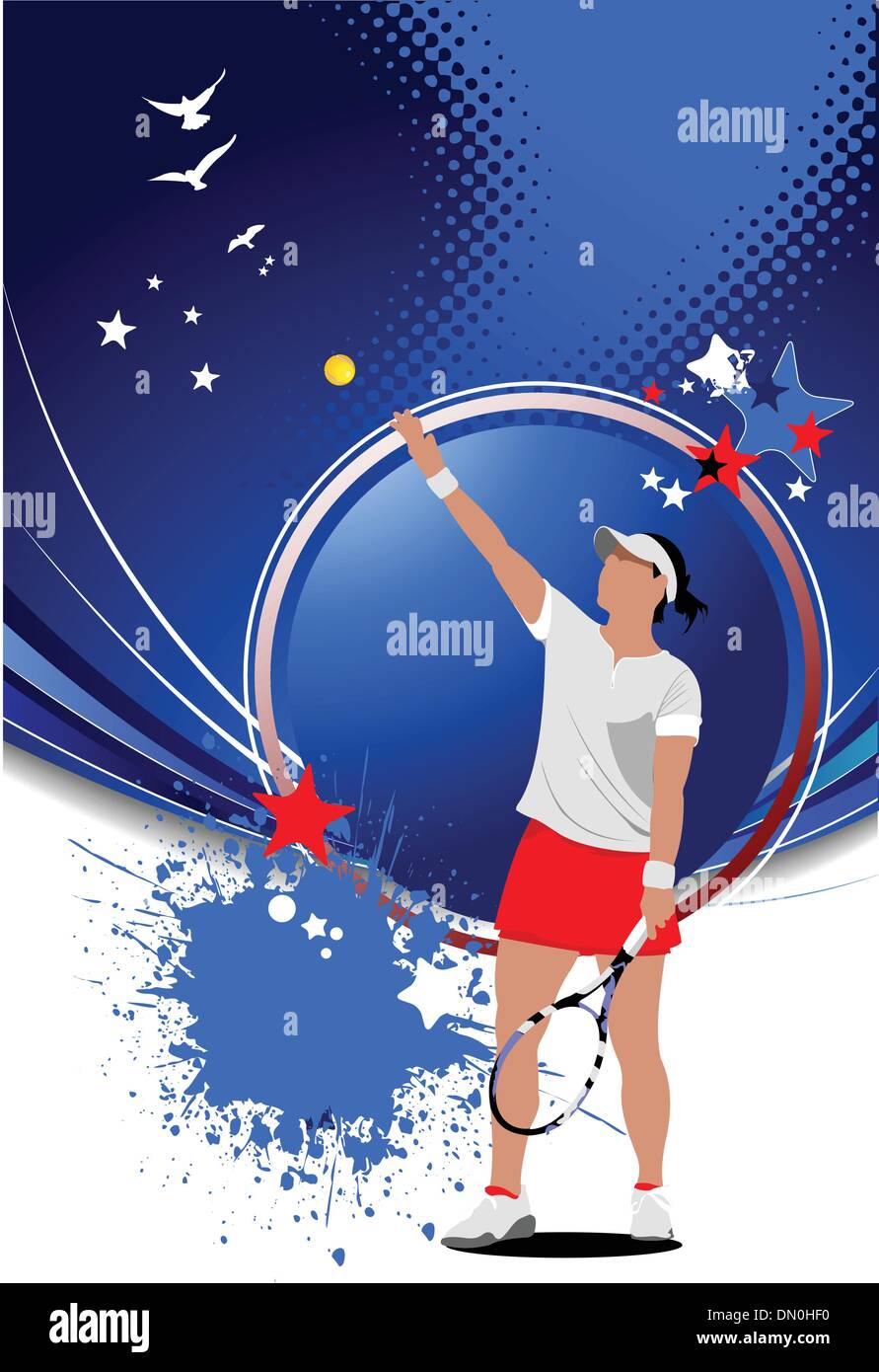 Poster di donna giocatore di tennis. Colorata illustrazione vettoriale per d Illustrazione Vettoriale