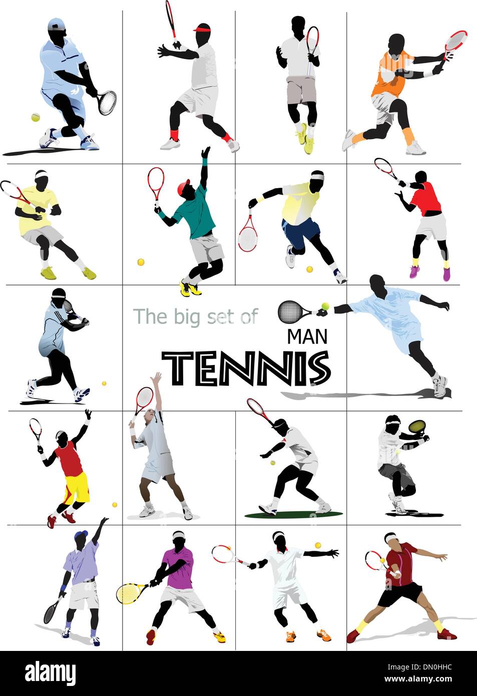 Grande insieme di uomo giocatore di tennis. Colorata illustrazione vettoriale per de Illustrazione Vettoriale