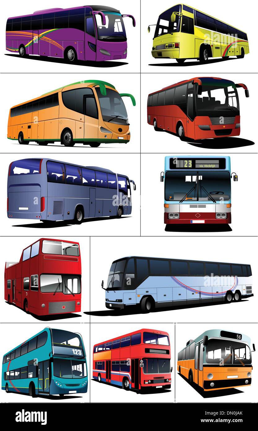 Undici tipi di autobus della città. Pullman turistici. Illustrazione Vettoriale f Illustrazione Vettoriale