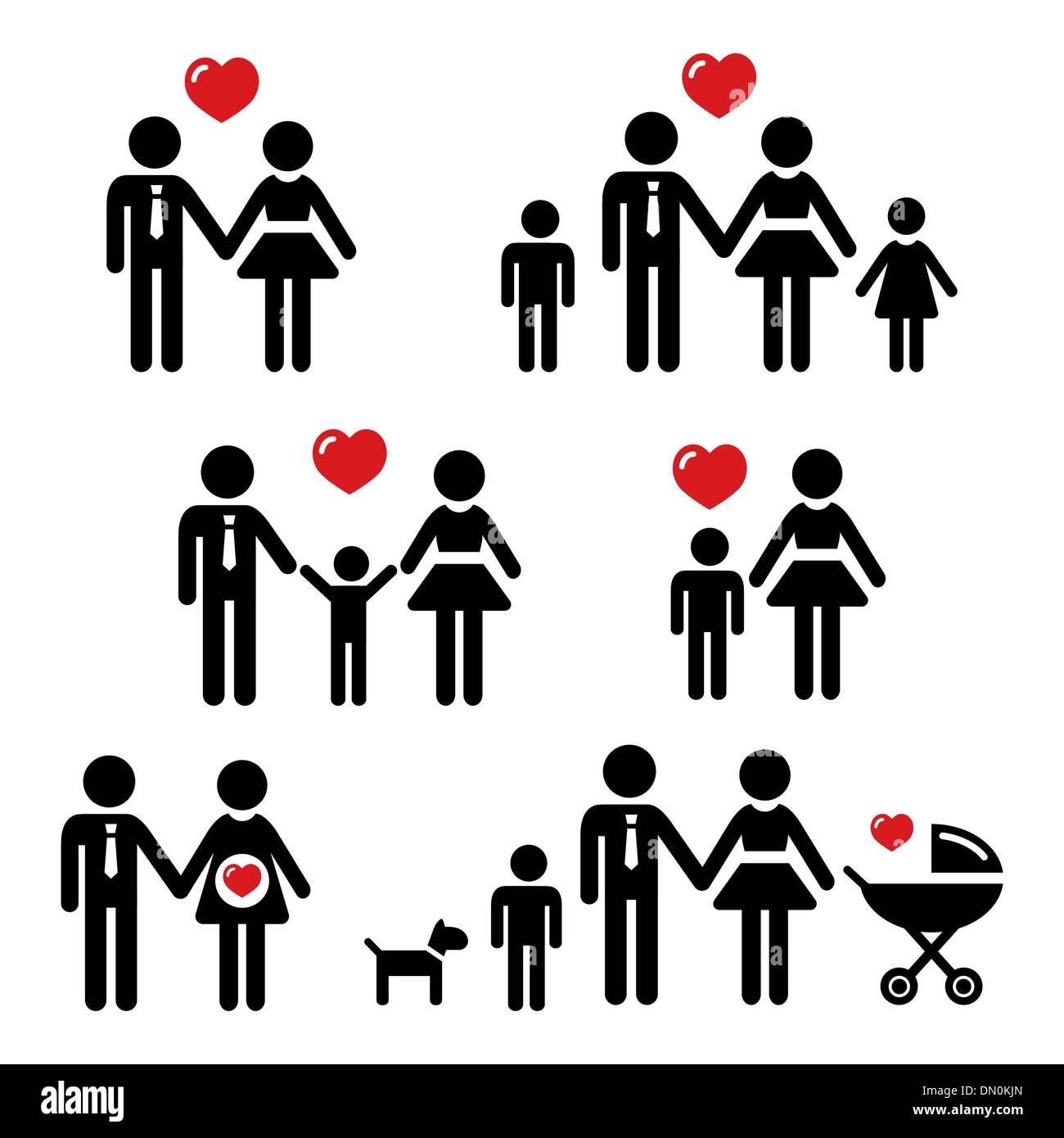 Famiglia di set di icone - con baby, cane, la PRAM, giovane, genitore single Illustrazione Vettoriale