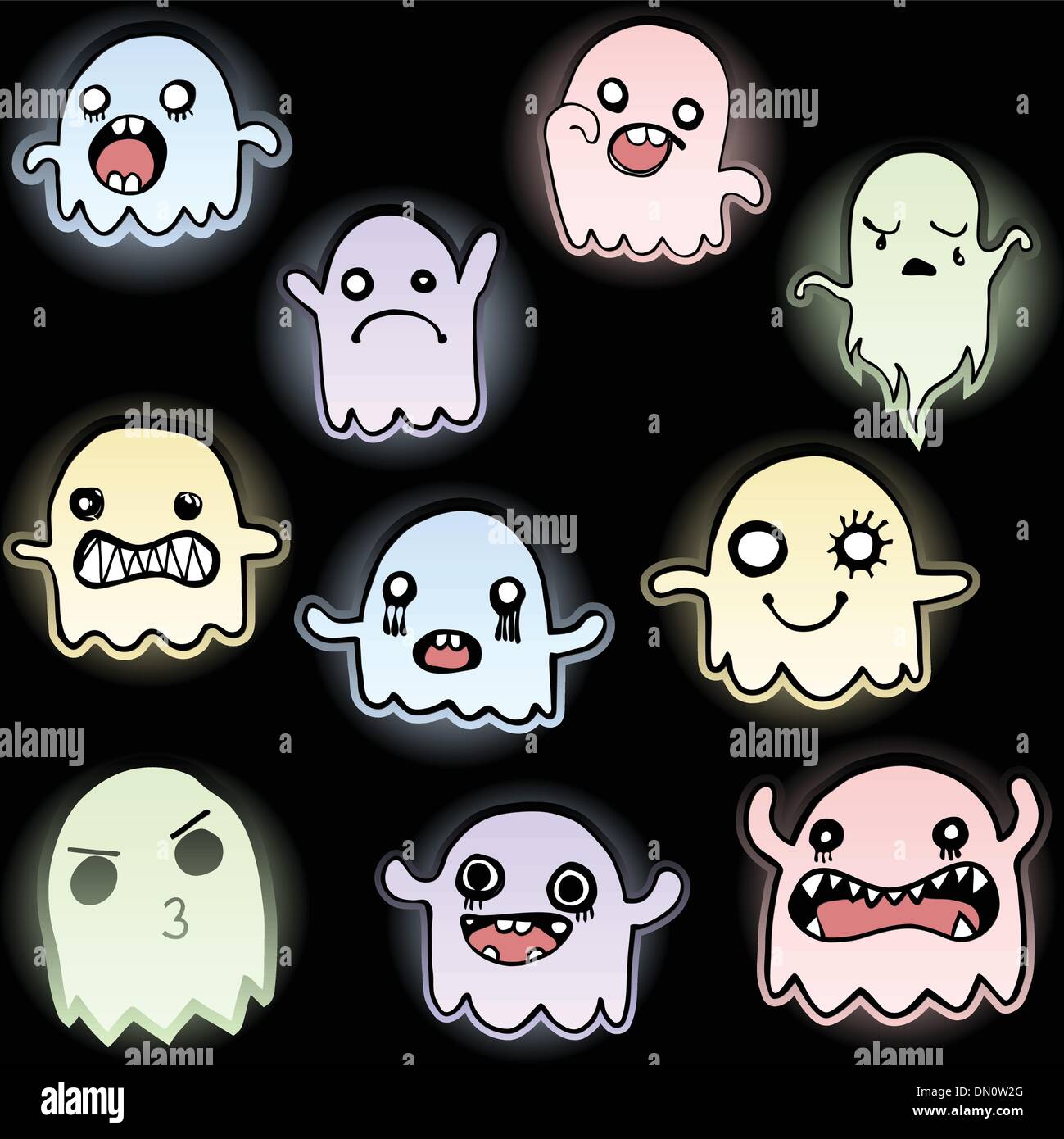 Set di 10 simpatici fantasmi incandescente Illustrazione Vettoriale