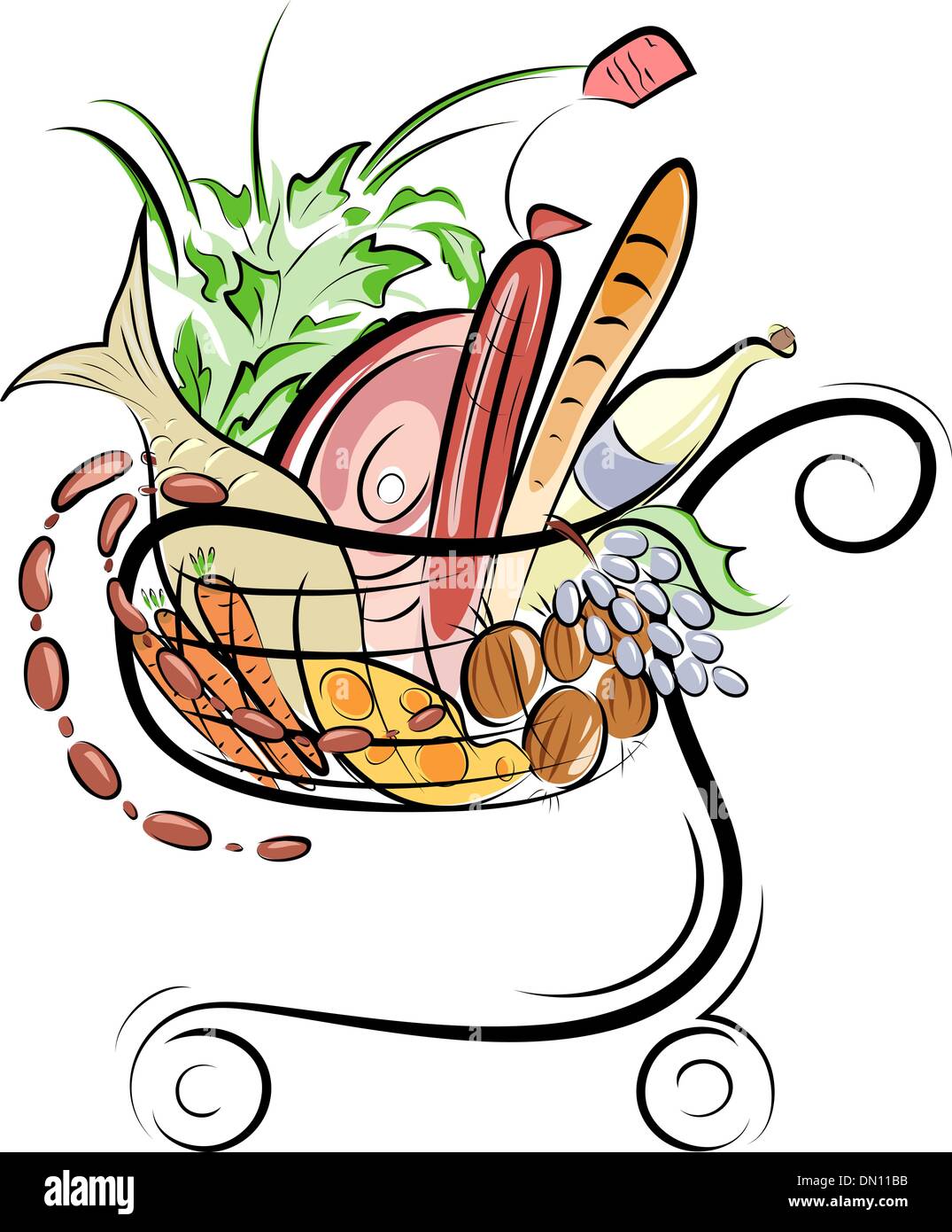 Un carrello della spesa con gli alimenti illustrazione Illustrazione Vettoriale