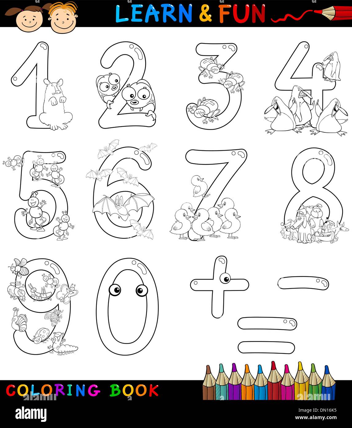 I numeri con gli animali dei cartoni animati per la colorazione Illustrazione Vettoriale