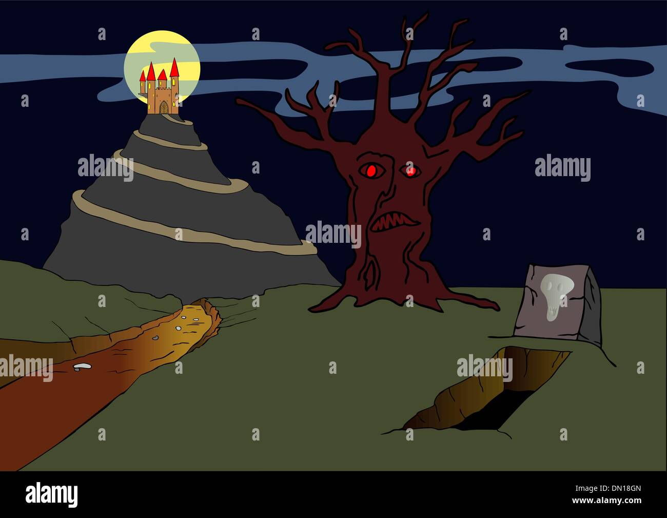 Haunted vecchio castello che si erge sulla collina - vettore Illustrazione Vettoriale